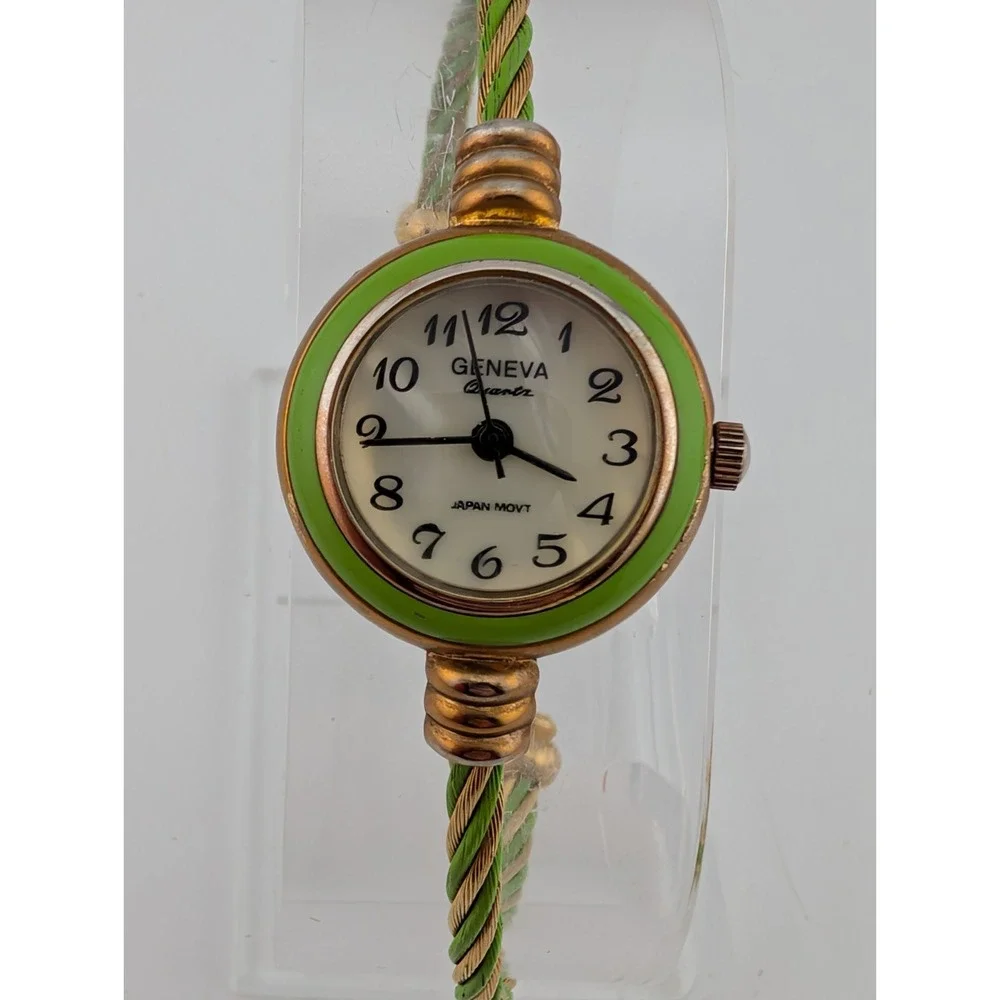 Geneva Watch Women Green 23mm Case Cable Wire Bangle Band- New Battery